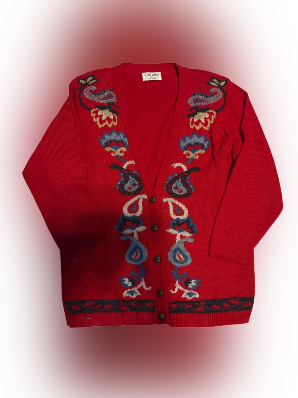 Red Button-Up Cardigan with Floral Embroidered Motif